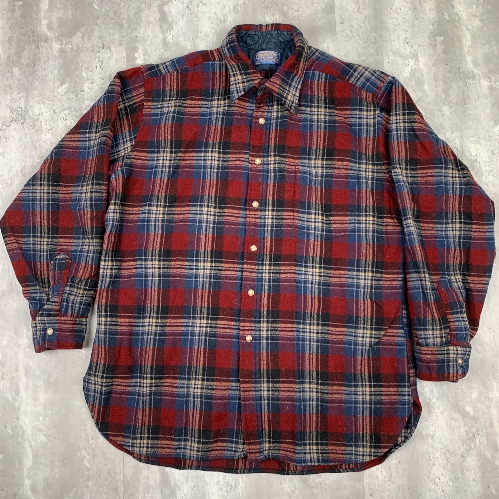 Vintage Pendleton Shacket Mens XL Red Plaid Flannel Shirt Wool Long Sleeve 70s